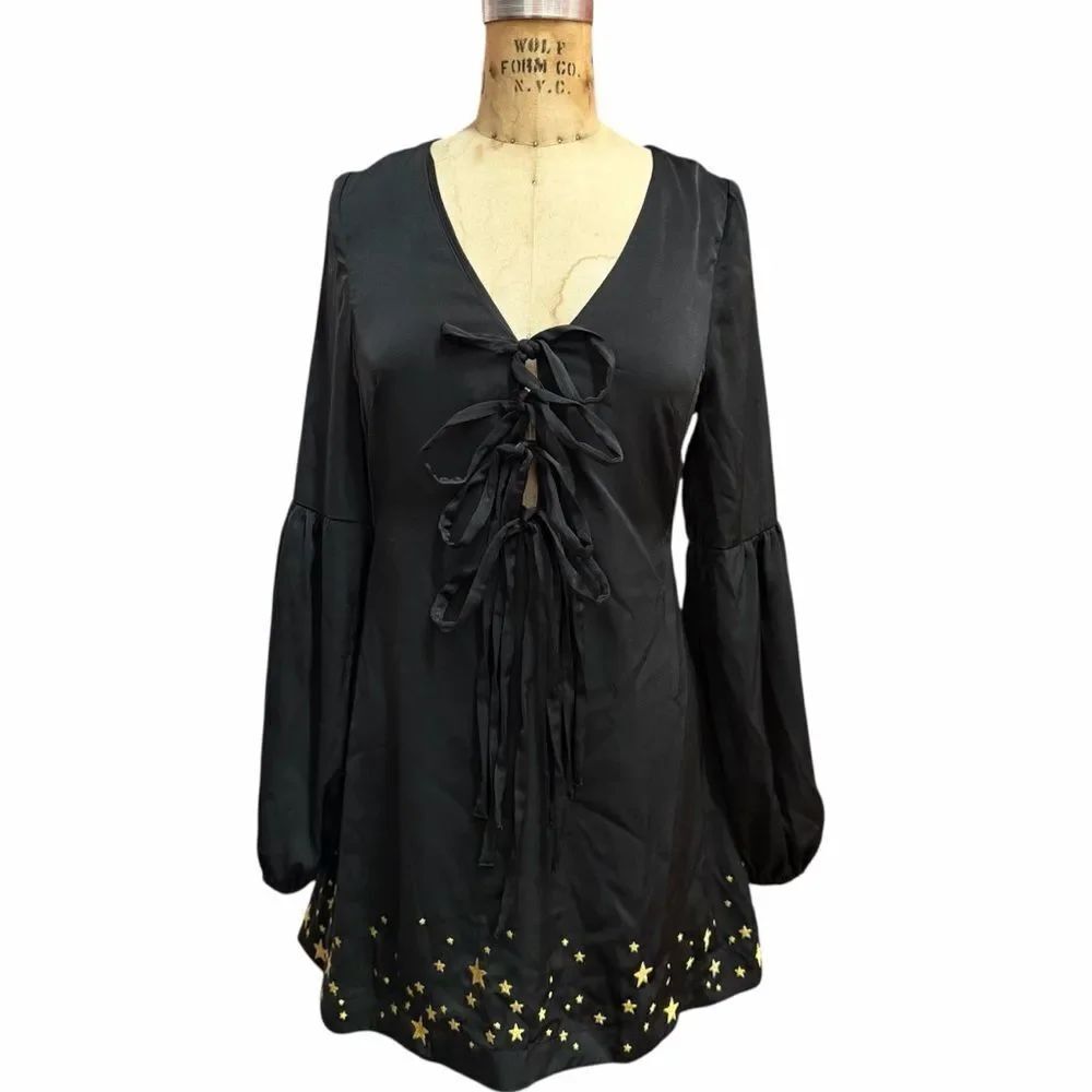 Stoned Immaculate Black Dress with Gold Star Embroidery Size S